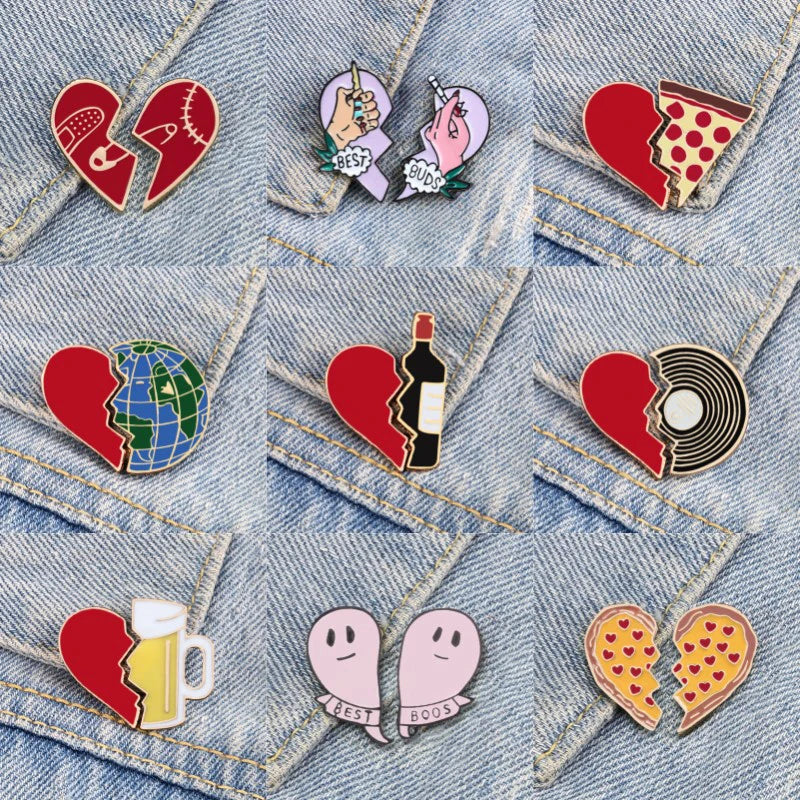 9 Styles Heart Brooch Set 2PCS/Set Cartoon Enamel Pins for Couple Best Friends Beer Cup Pizza Earth Badge Bag Denim Jewelry Gift