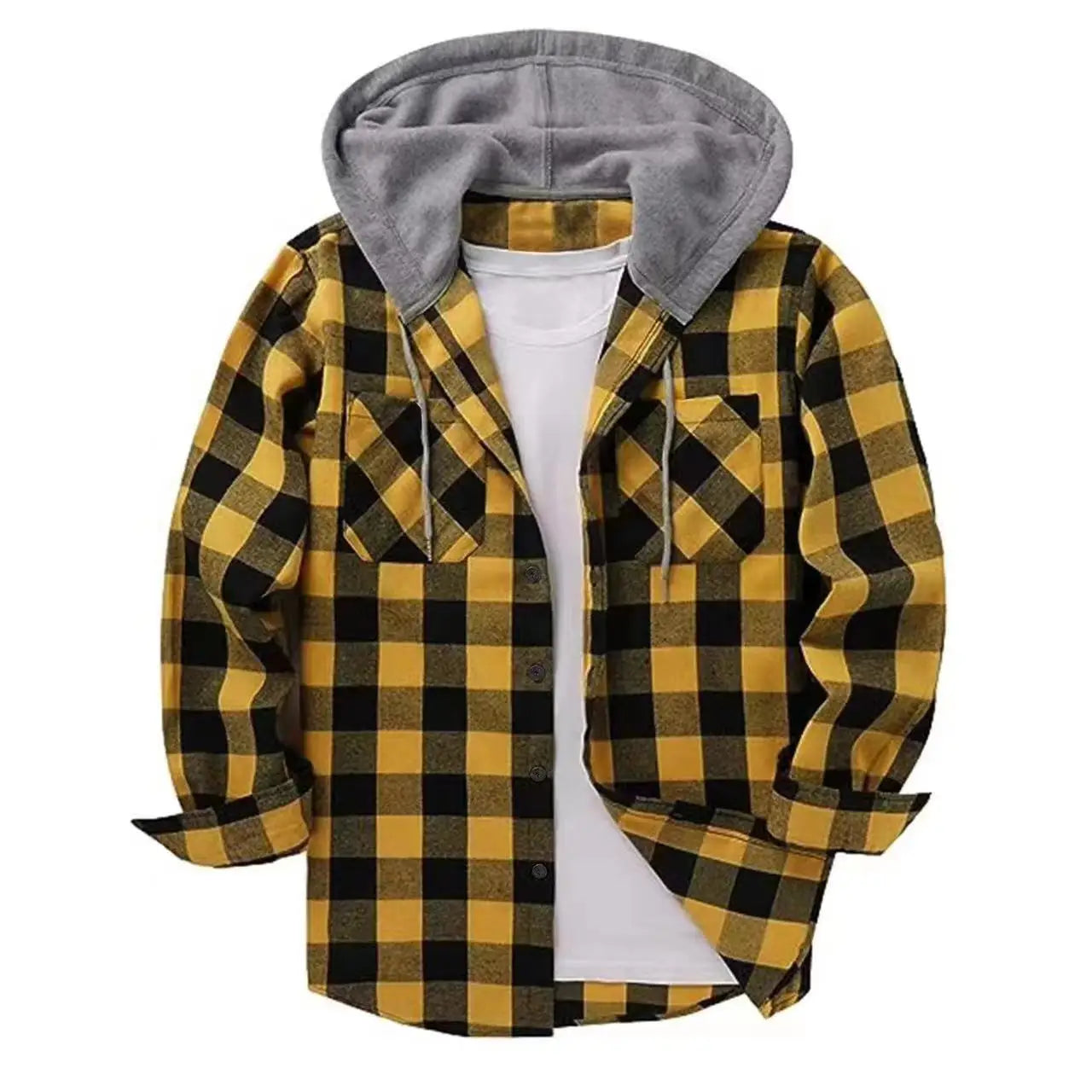 Youth Fashion Street Hooded Plaid Shirt Men's Slim Fit Long Sleeved Shirt Couple Travel Casual Shirt Men's Sports Shirt Jacket