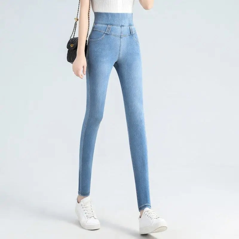 Korean Fashion Women Big Size Skinny Jeans Spring Autumn Streetwear Casual Trouser Denim Pockets Elastic High Waist Pencil Pants