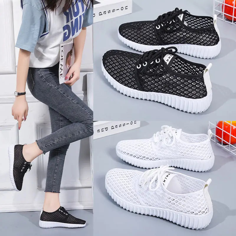 Breathable Mesh Shoes Ladies Summer Hollow Out Sports Casual Shoes Lightweight All-match Running Footwear Lace-up Sneakers Women