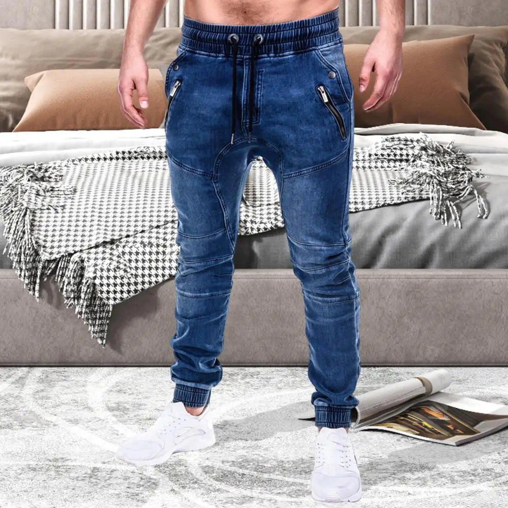 Men's Outdoor Summer Riding Jeans Motorpoof Jeans Skinny Jeans Fashion Pockets Denim Pencil Pants Ankle Tied Denim Trousers