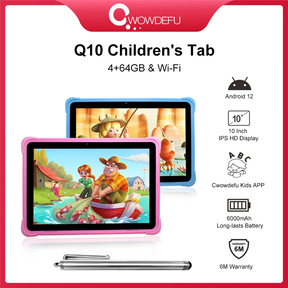 Cwowdefu 10.1 Inch Children Tablets Android 12 Quad Core 4GB 64GB WIFI Learning Tablets for Kids Toddler wIth Kids Mode 6000mAh