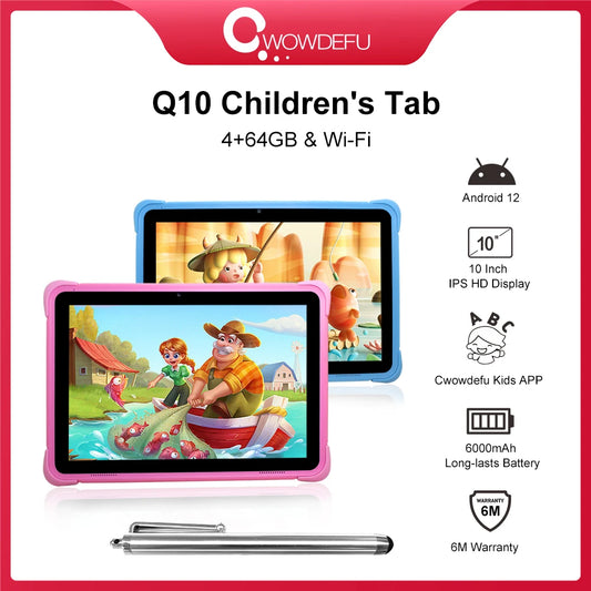 Cwowdefu 10.1 Inch Children Tablets Android 12 Quad Core 4GB 64GB WIFI Learning Tablets for Kids Toddler wIth Kids Mode 6000mAh