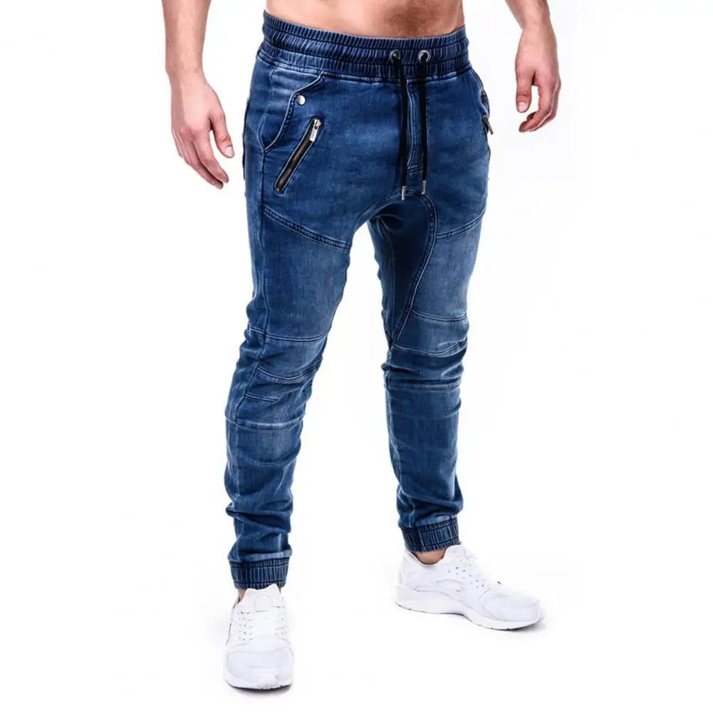 Men's Outdoor Summer Riding Jeans Motorpoof Jeans Skinny Jeans Fashion Pockets Denim Pencil Pants Ankle Tied Denim Trousers