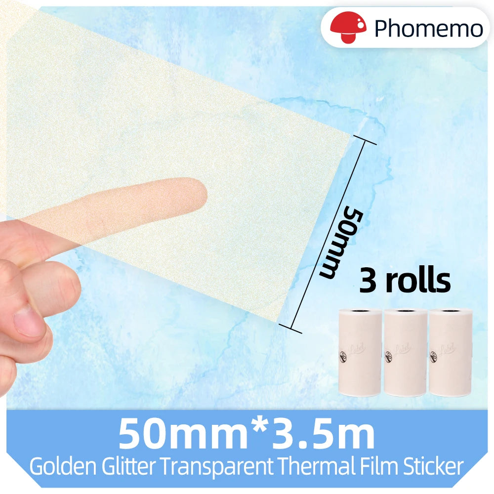 3 Rolls/Box 50mm*3.5M Phomemo Gold Gliter Transparent Self-Adhesive Thermal Sticker Label Paper Phomemo M02/M02S/M02Pro Printer