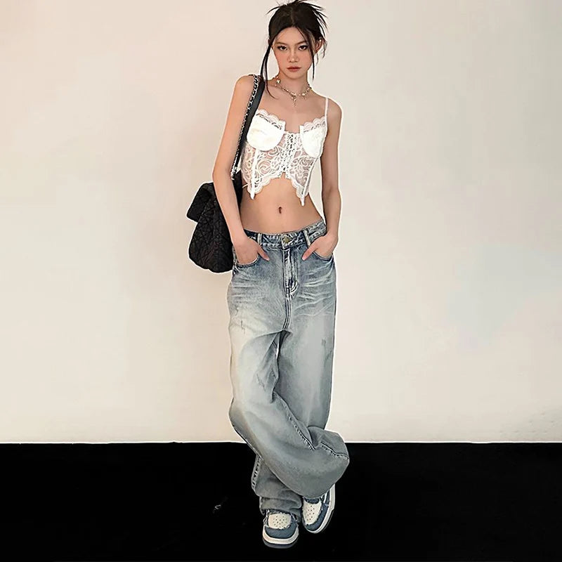 Y2K Retro Baggy Jeans Women Vintage Streetwear Oversized Denim Pants Skinny Hippie Straight Wide Leg Trousers Korean Style