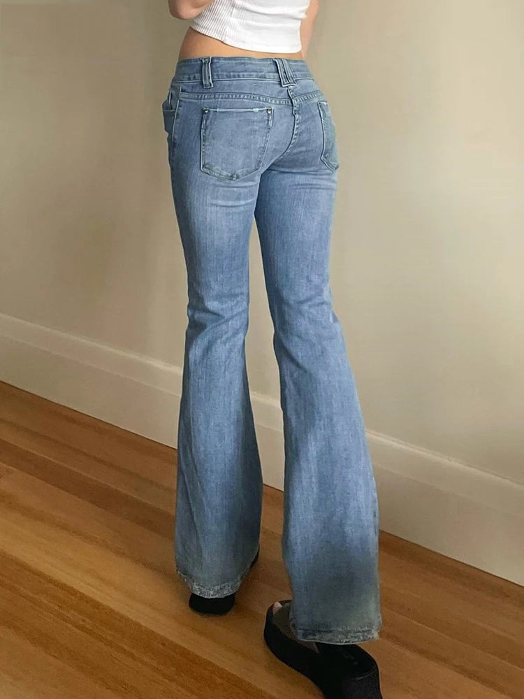 2023 Women Flared Jeans Mid Waist Denim Pant Vintage Stretch 90s Streetwear Y2k Boot Cut Pant Elastic Skinny Mom Jeans Trousers