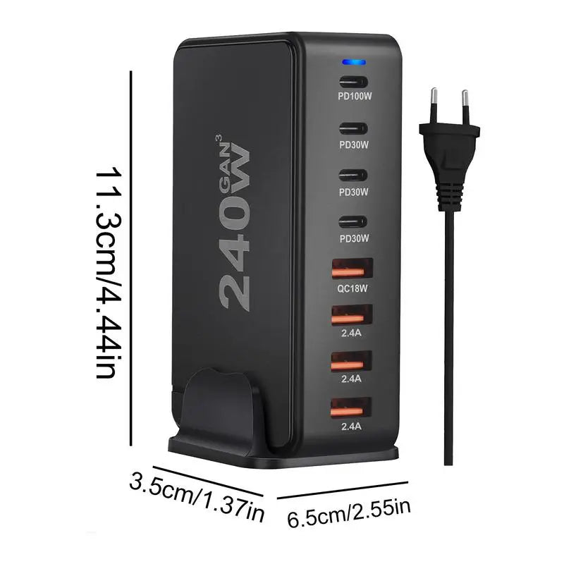 240W Desktop Charging Station  4 USB Type C USB Type A Charger 8 Ports For iPhone15 PD Fast Charger For Laptop Tablet