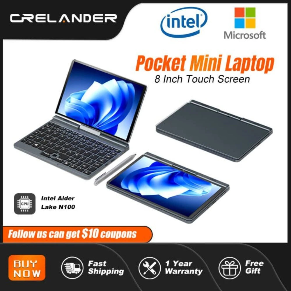 CRELANDER P8 Mini Laptop 8 Inch Touch Screen Intel Lake N100 12GB DDR5 WiFi 6 2 In 1 Laptop Notebook Tablet PC Pocket Laptop