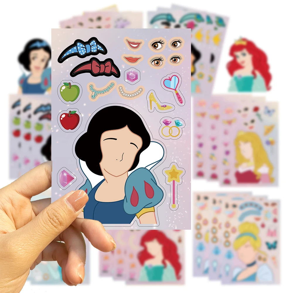 8/16Sheets Disney Princess Children DIY Puzzle Stickers Game Make-a-Face Assemble Jigsaw Decals Kids Educational Toys Party Gift