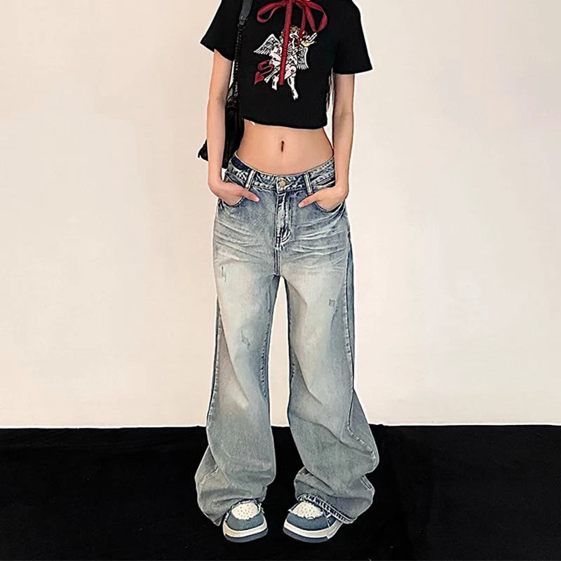 Y2K Retro Baggy Jeans Women Vintage Streetwear Oversized Denim Pants Skinny Hippie Straight Wide Leg Trousers Korean Style