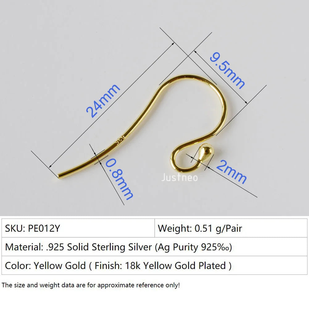 ear hook,24*0.8mm solid 925 sterling silver earring wire hooks with 2mm ball ,1pair