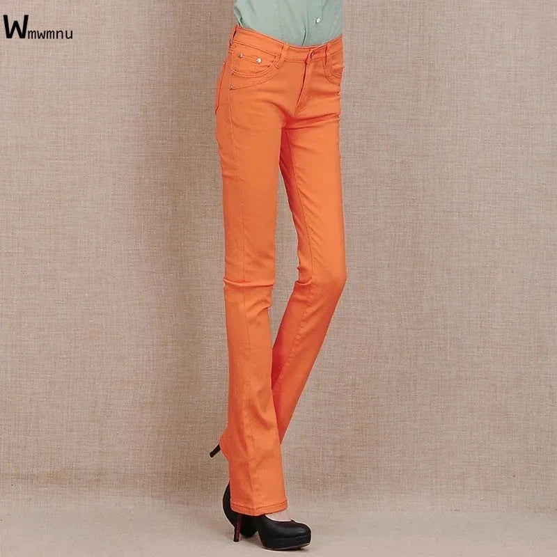 White Mid Waist Skinny Flare Jeans Women Casual Candy Color Office Denim Pants Korean Classic Stretch Kot Pantolon Slim Vaqueros