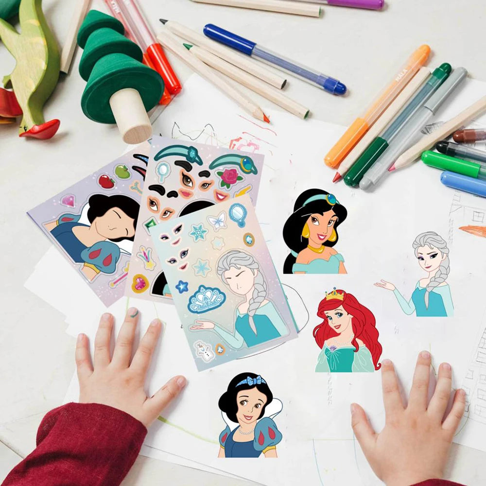 8/16Sheets Disney Princess Children DIY Puzzle Stickers Game Make-a-Face Assemble Jigsaw Decals Kids Educational Toys Party Gift