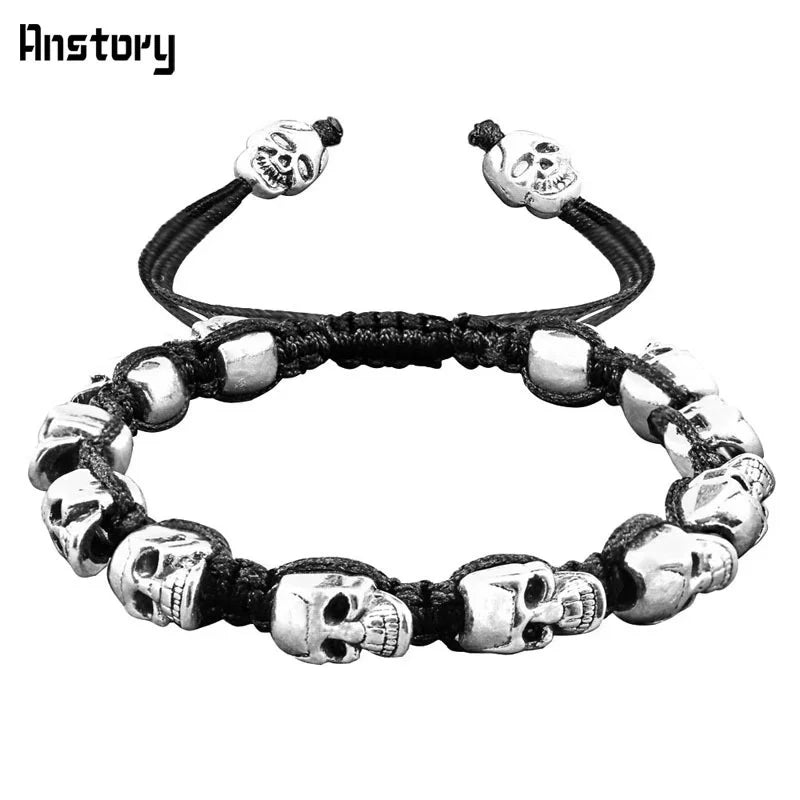 Smile Skull Skeleton Bead Bracelets Strand Vintage Boho Antique Silver Plated Handmade Rope Woven Fashion Jewelry