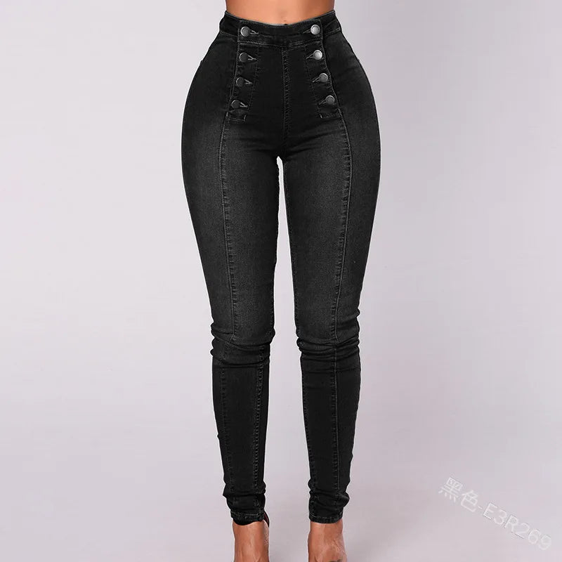 Women Elegant Vintage Stretch Bodycon Jeans Fashion Casual Double Breasted High Waist Skinny Denim Pants Trousers