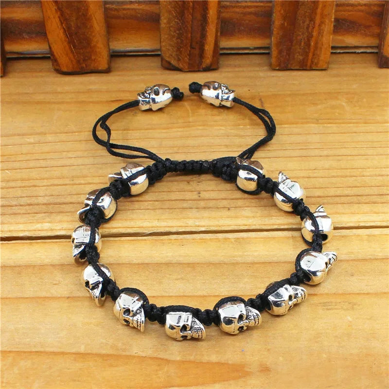 Smile Skull Skeleton Bead Bracelets Strand Vintage Boho Antique Silver Plated Handmade Rope Woven Fashion Jewelry