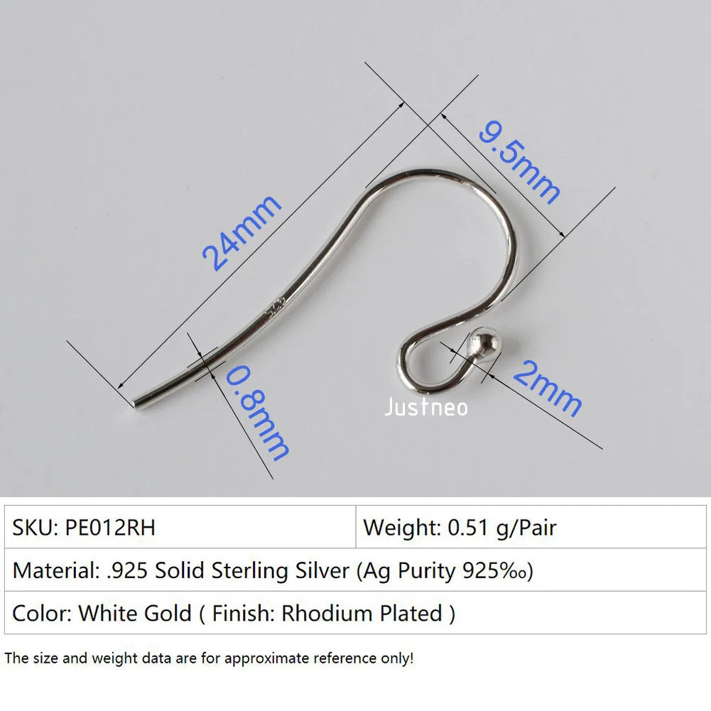 ear hook,24*0.8mm solid 925 sterling silver earring wire hooks with 2mm ball ,1pair