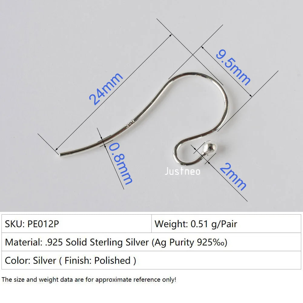 ear hook,24*0.8mm solid 925 sterling silver earring wire hooks with 2mm ball ,1pair