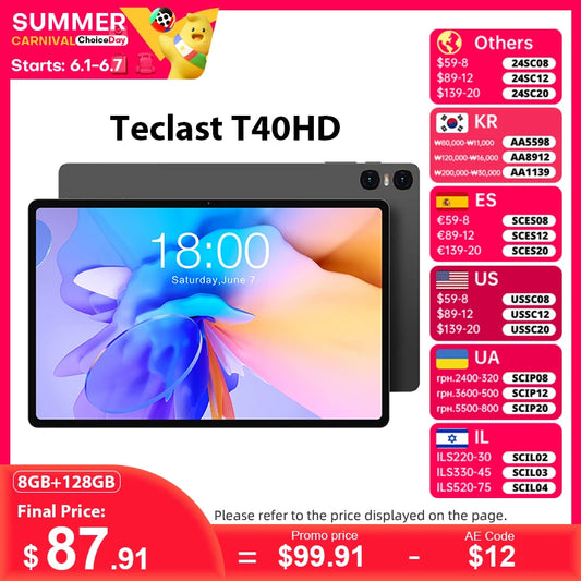 Teclast T40HD 10.4'' Android 13 Tablet 1200x2000 FHD 8GB RAM 128GB ROM UNISOC T606 Octa Core Widevine L1 7200mAh 4G VoLTE Tablet