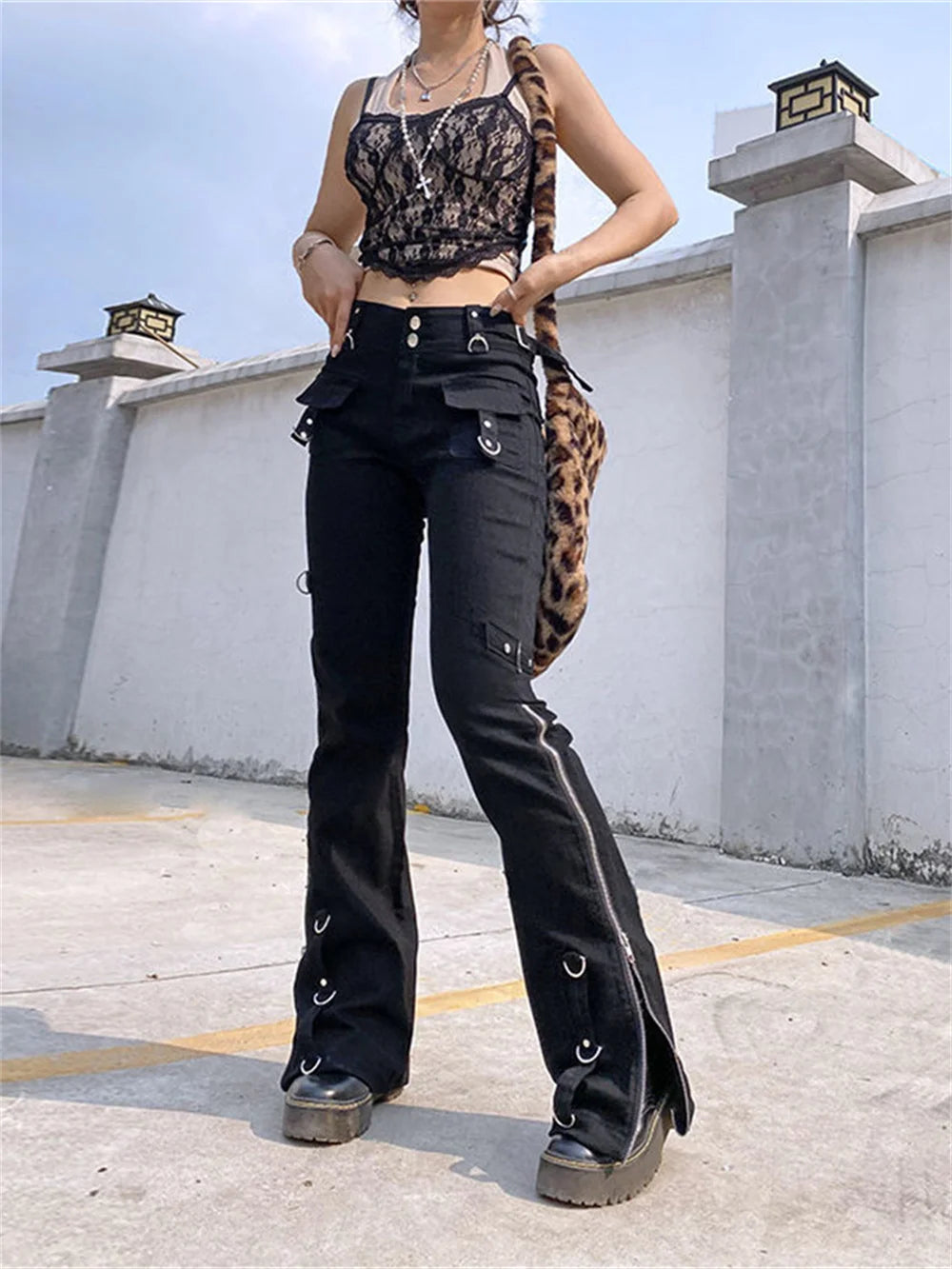 Punk Rivets Zipper Black Cargo Pants Y2K Techwear Leggings Jeans Gothic Women Cyber Eyelet Buckle Dark Academic 90s Trousers