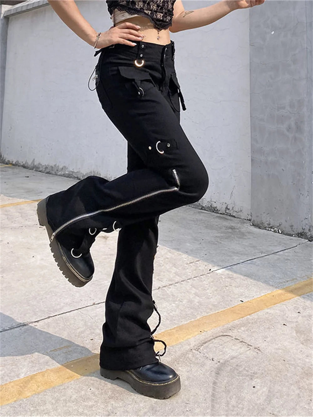 Punk Rivets Zipper Black Cargo Pants Y2K Techwear Leggings Jeans Gothic Women Cyber Eyelet Buckle Dark Academic 90s Trousers