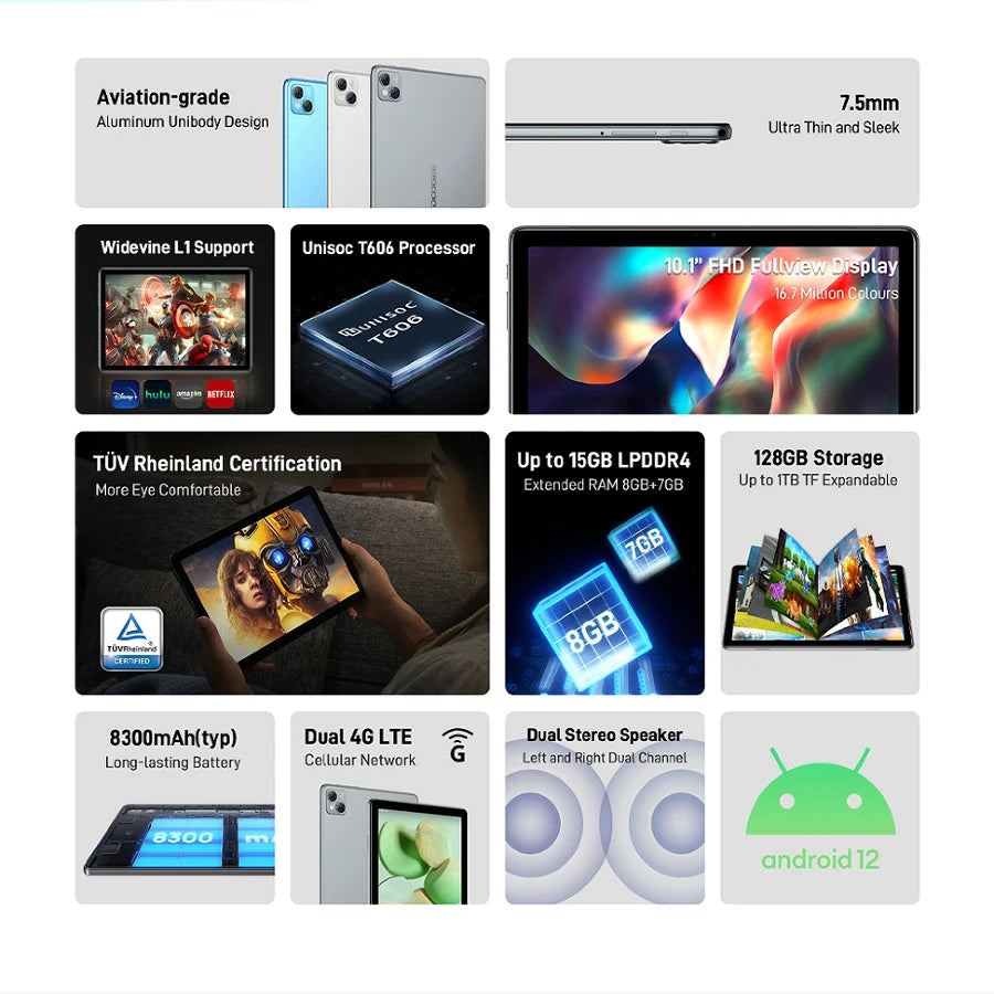 DOOGEE T10 Tablet 10.1" FHD+ TÜV Rheinland Certified Display 8GB+128GB Octa Core Widevine L1 Android 12 Pad 13MP Camera 8300mAh