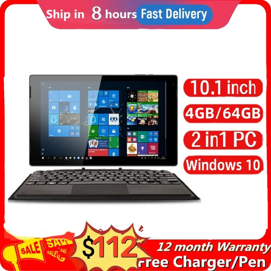 4GB RAM 64GB ROM 10.1 Inch 64 Bit P7 2-in-1 Windows Tablet PC with Detachable Keyboard HDMI-Compatible 1920 x 1200 IPS 6500mAh