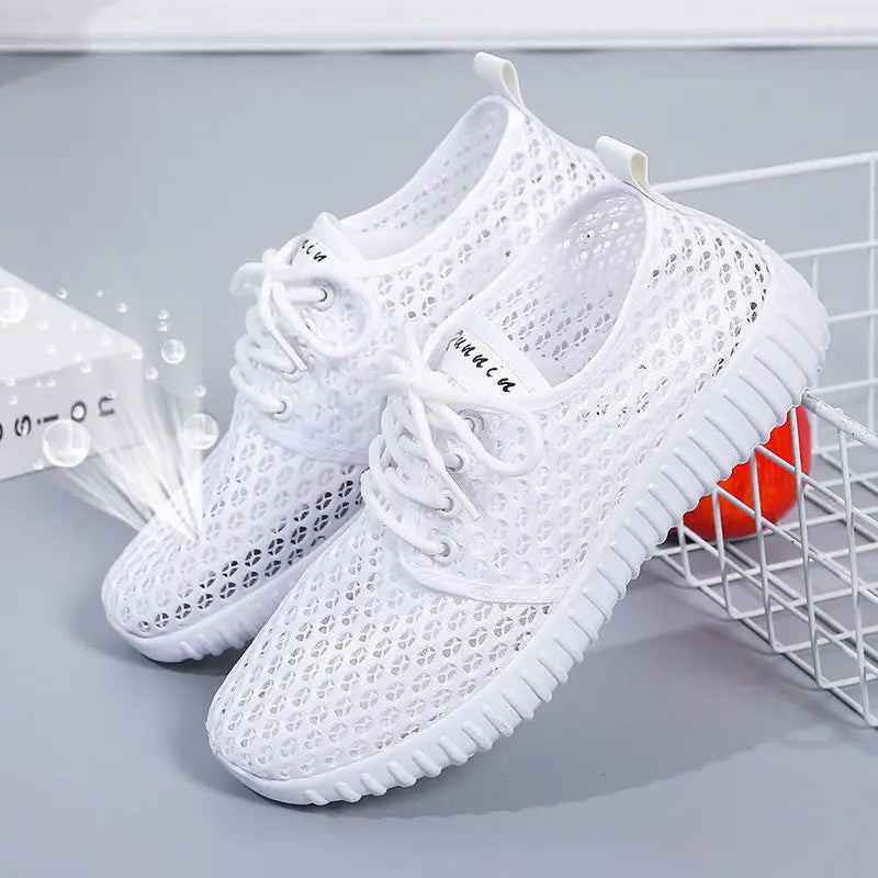 Breathable Mesh Shoes Ladies Summer Hollow Out Sports Casual Shoes Lightweight All-match Running Footwear Lace-up Sneakers Women