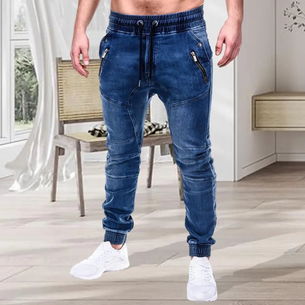 Men's Outdoor Summer Riding Jeans Motorpoof Jeans Skinny Jeans Fashion Pockets Denim Pencil Pants Ankle Tied Denim Trousers