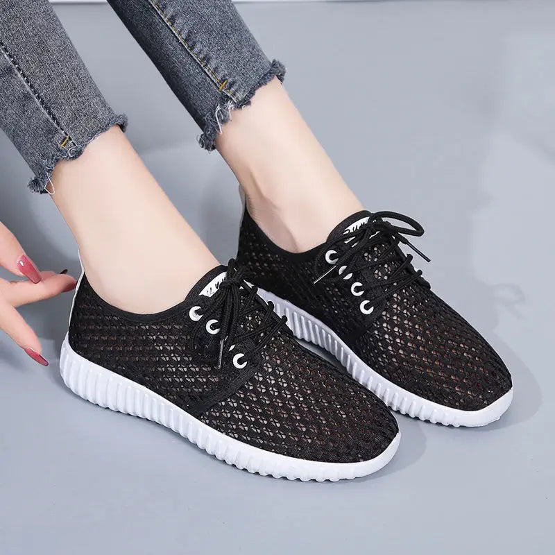 Breathable Mesh Shoes Ladies Summer Hollow Out Sports Casual Shoes Lightweight All-match Running Footwear Lace-up Sneakers Women