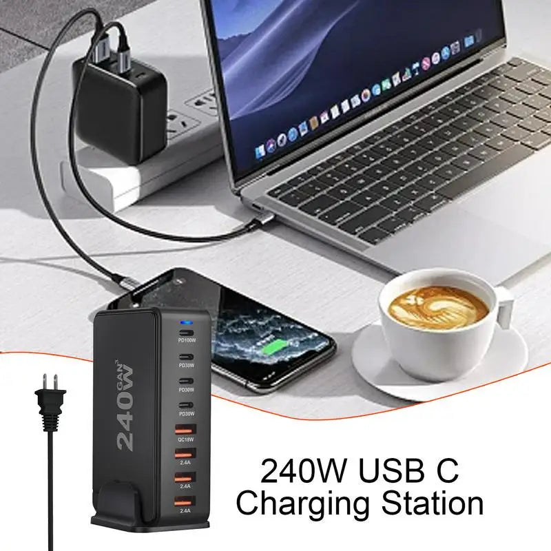 240W Desktop Charging Station  4 USB Type C USB Type A Charger 8 Ports For iPhone15 PD Fast Charger For Laptop Tablet