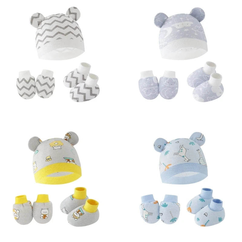 3pcs/set Cotton Newborn Cap with Anti Scratch Mittens and Foot Cover Infant Warm Headwear Baby Gloves with Socks Set