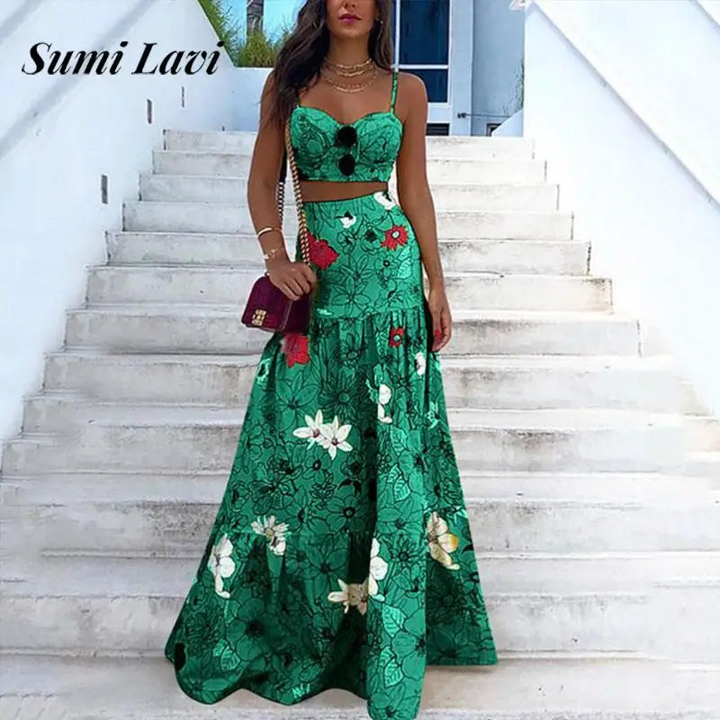 Elegant Bustier Sling Top & Long Skirt Outfit Women Casual Sleeveless Party Suit Fashion Pattern Print Hight Waist Beach 2Pc Set