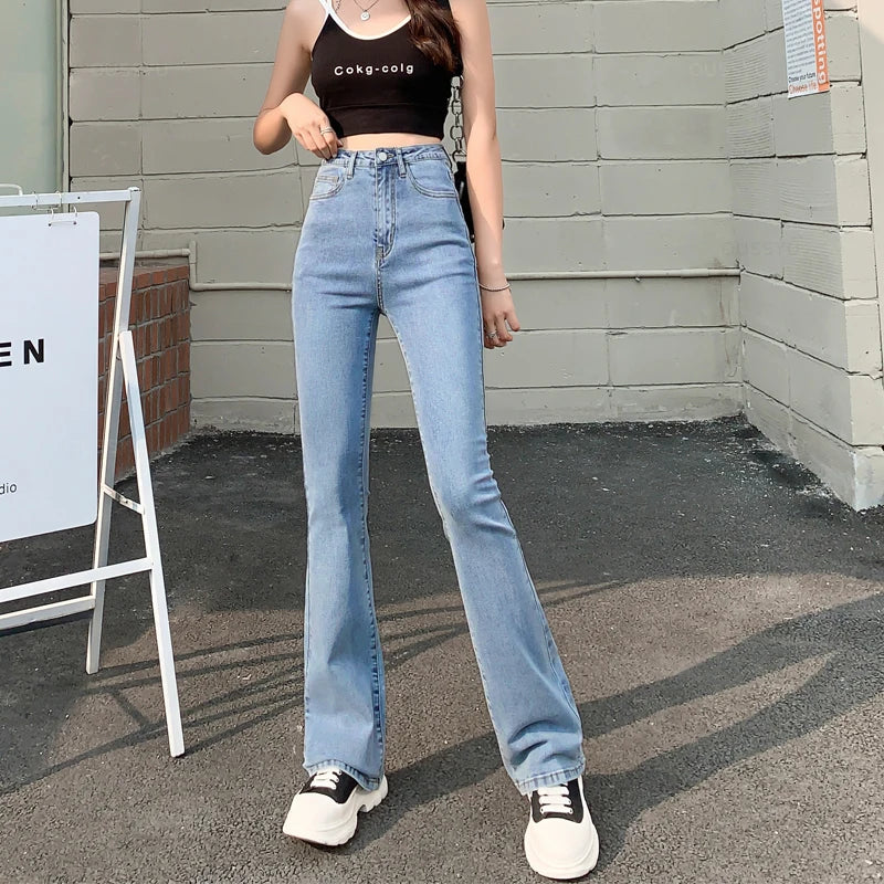 Summer Women Flared Jeans High Waist Cotton Stretch Comfortable Classic Wide Leg Denim Casual Pants White Blue Skinny Trousers