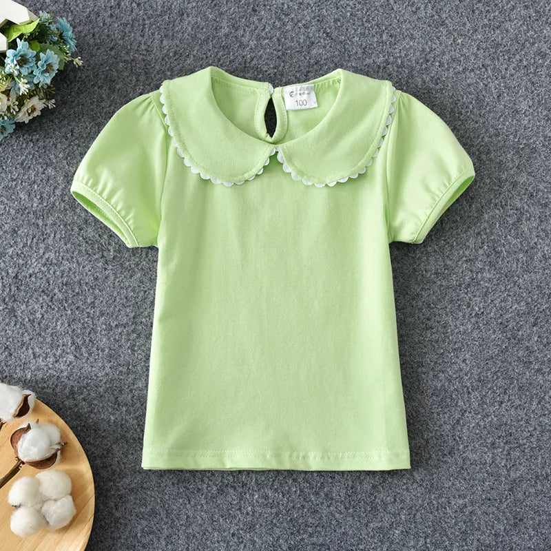 Girls T-shirts Summer Short Sleeve Cotton T shirt Peter Pan Collar Baby Toddler Girl Blouse Shirt Kids Tops Children's Clothes